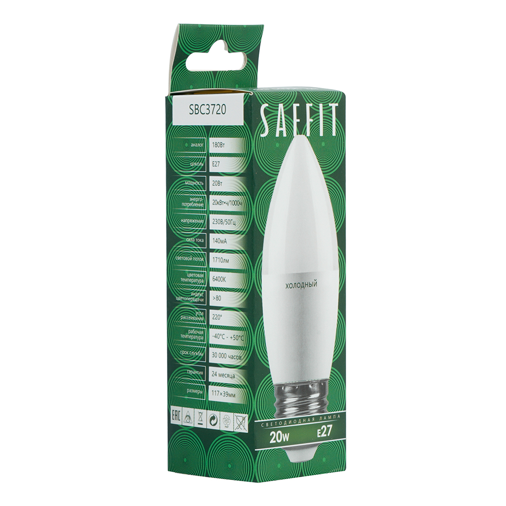 Лампа светодиодная SAFFIT SBC3720 Свеча E27 20W 230V 6400K от компании Ферон