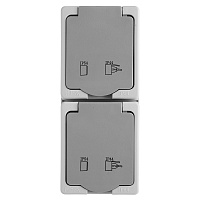 Вертикальная розетка 2-местная с крышкой с/з STEKKER PST16-12-54, пластик АВS, 250В, 16А, IP54, серый/графит 49724