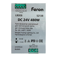 Трансформатор электронный для светодиодной ленты на DIN-рейку 480W 24V 63*125.5*113мм IP20, LB008 Трансформатор электронный для светодиодной ленты на DIN-рейку 480W 24V 63*125.5*113мм IP20, LB008