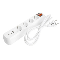 Удлинитель 4-местный с/з с выключ. STEKKER HM071-41-03 3x1мм2, 3м, 250В, 16А, 1USB+2C, 2.4A, сер Home, белый 50140