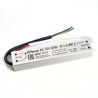 Трансформатор электронный для светодиодной ленты 40W 12V IP67 (драйвер), LB007 FERON Артикул 48054 Трансформатор электронный для светодиодной ленты 40W 12V IP67 (драйвер), LB007 FERON Артикул 48054
