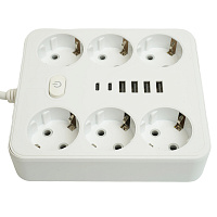 Удлинитель 6-местный c/з 3x1 мм2, 1,8 м, 250В, 10А, 4USB+2Type-C 2,4А, серия Home plus, белый STEKKER HM09-66-02 49975 Удлинитель 6-местный c/з 3x1 мм2, 1,8 м, 250В, 10А, 4USB+2Type-C 2,4А, серия Home plus, белый STEKKER HM09-66-02 49975