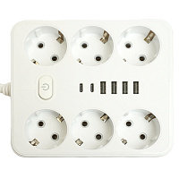 Удлинитель 6-местный c/з 3x1 мм2, 3 м, 250В, 10А, 4USB+2Type-C 2,4А, серия Home plus, белый STEKKER HM09-66-02 49982 Удлинитель 6-местный c/з 3x1 мм2, 3 м, 250В, 10А, 4USB+2Type-C 2,4А, серия Home plus, белый STEKKER HM09-66-02 49982