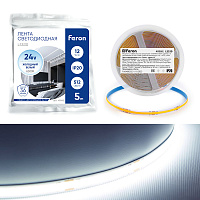 Светодиодная COB лента Feron LS530, 512SMD(2110) 12Вт/м 24V 5000*10*1.8мм 6500К IP20 Светодиодная COB лента Feron LS530, 512SMD(2110) 12Вт/м 24V 5000*10*1.8мм 6500К IP20