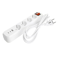 Удлинитель 4-местный с/з с выключ. STEKKER HM071-41-02 3x1мм2, 2м, 250В, 16А, 1USB+2C, 2.4A, сер Home, белый 50139