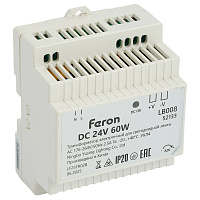 Трансформатор электронный для светодиодной ленты на DIN-рейку 60W 24V 77*92*56мм IP20, LB008 Трансформатор электронный для светодиодной ленты на DIN-рейку 60W 24V 77*92*56мм IP20, LB008