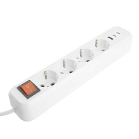 Удлинитель 4-местный с/з с выключ. STEKKER HM071-41-02 3x1мм2, 2м, 250В, 16А, 1USB+2C, 2.4A, сер Home, белый 50139