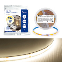 Светодиодная COB лента Feron LS530, 320SMD(2110) 10Вт/м 24V 5000*8*1.8мм 3000К IP20 Светодиодная COB лента Feron LS530, 320SMD(2110) 10Вт/м 24V 5000*8*1.8мм 3000К IP20