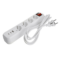 Удлинитель 4-местный с/з с выключ. STEKKER HM071-41-05 3x1мм2, 5м, 250В, 16А, 1USB+2C, 2.4A, сер Home, белый 50141