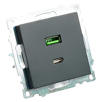 Розетка 2-местная USB + type C (механизм), STEKKER GLS10-7116-05, 250B, 3А, серия Катрин, черный 50055