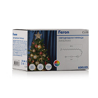 Светодиодная гирлянда Feron CL08 линейная 60м + 3м 230V мультиколор,статичная, c питанием от сети, зеленый шнур Светодиодная гирлянда Feron CL08 линейная 60м + 3м 230V мультиколор,статичная, c питанием от сети, зеленый шнур