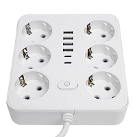 Удлинитель 6-местный c/з 3x1 мм2, 3 м, 250В, 10А, 4USB+2Type-C 2,4А, серия Home plus, белый STEKKER HM09-66-02 49982