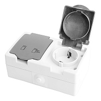 Розетка 2-местная с крышкой с/з STEKKER PST16-22-54, пластик АВS, 250В, 16А, IP54,  белый/серый 49730