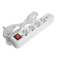 Удлинитель 4-местный с/з с выключ. STEKKER HM071-41-03 3x1мм2, 3м, 250В, 16А, 1USB+2C, 2.4A, сер Home, белый 50140