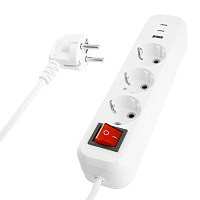 Удлинитель 3-местный с/з с выключ. STEKKER HM071-31-03 3x1мм2, 3м, 250В, 16А, 1USB+2C, 2.4A, сер Home, белый 50137