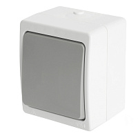 Переключатель 1-клавишный STEKKER, PSW10-212-54, 1-полюсный на 2 направления открытой установки, 250В, 10А, IP54, белый/серый 49732