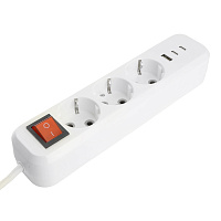 Удлинитель 3-местный с/з с выключ. STEKKER HM071-31-03 3x1мм2, 3м, 250В, 16А, 1USB+2C, 2.4A, сер Home, белый 50137