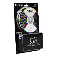 Светодиодная LED лента Feron LS606, 60SMD(5050)/m 14.4W/m 12V 3m RGB с адаптером с вилкой, контроллером с пультом в комплекте Артикул 27722 Светодиодная LED лента Feron LS606, 60SMD(5050)/m 14.4W/m 12V 3m RGB с адаптером с вилкой, контроллером с пультом в комплекте Артикул 27722