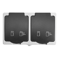 Розетка 2-местная с крышкой с/з STEKKER PST16-12-54, пластик АВS, 250В, 16А, IP54, серый/графит 32754